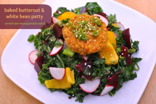 kale salad with butternut white bean patty